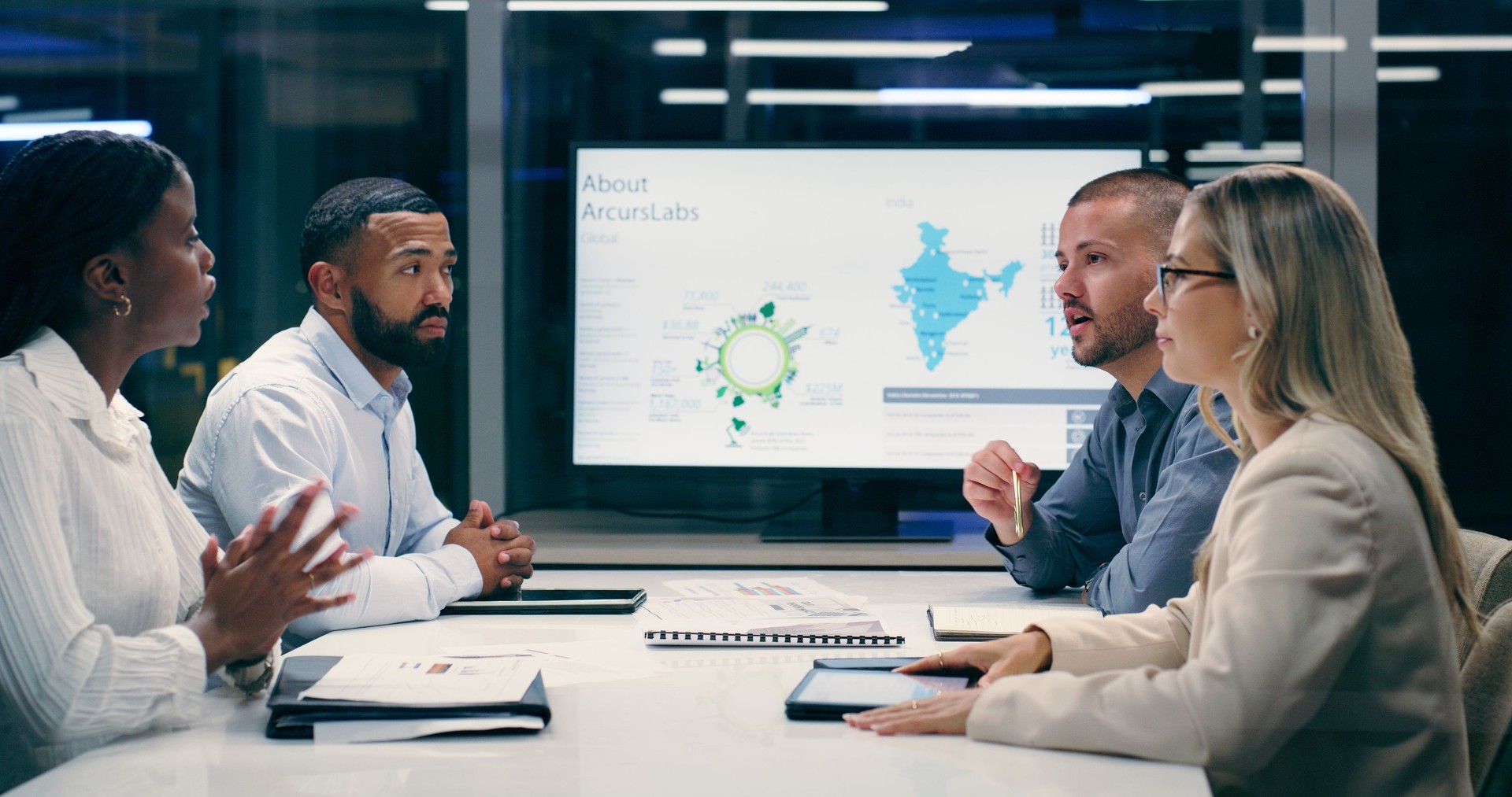 Discussion, group and meeting for project, listening and GIS specialist for research of business and information. Teamwork, proposal and people in boardroom, stats and data for analysis with support